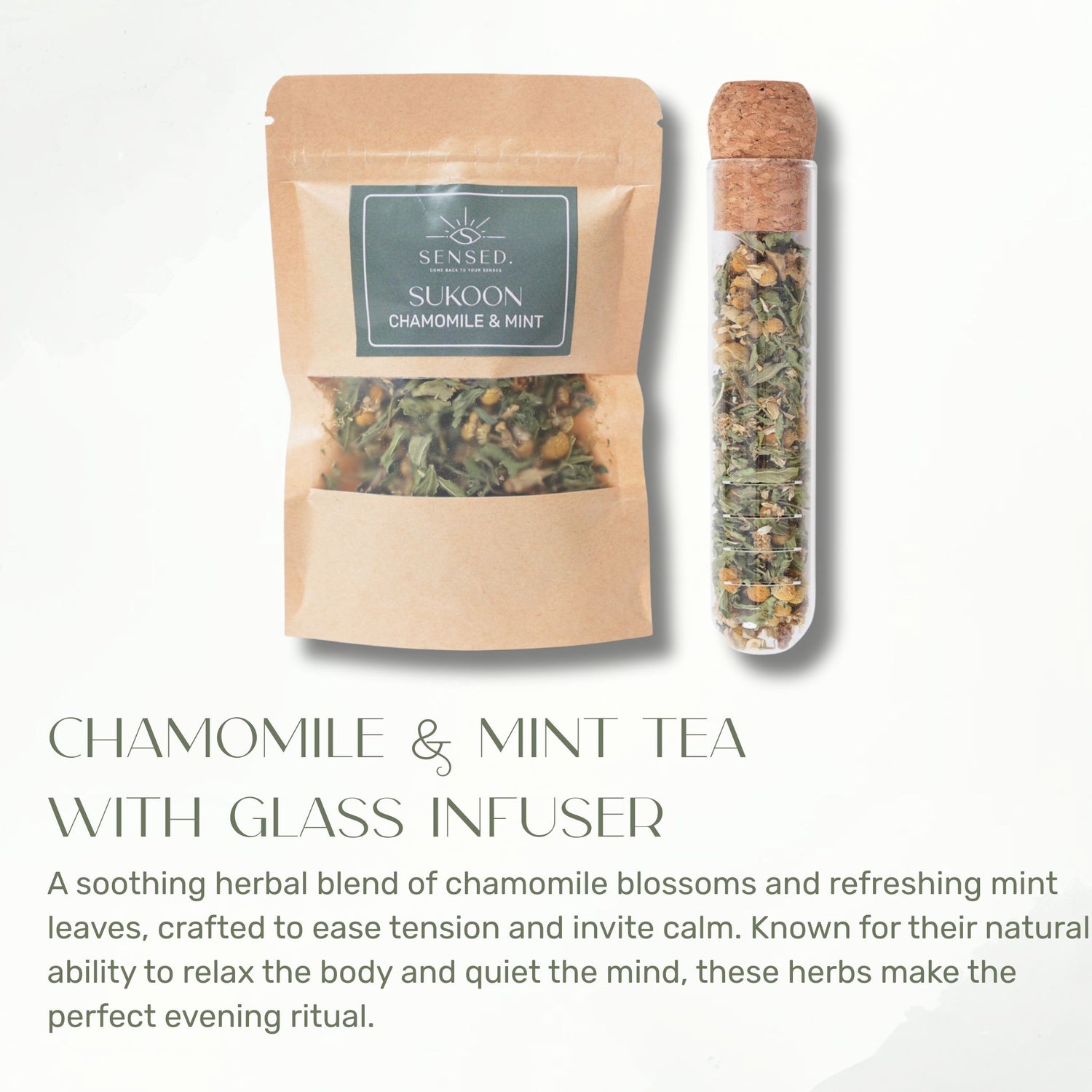 Chamomile and mint herbal tea with glass infuser from the Sukoon calm ritual box Kuwait.