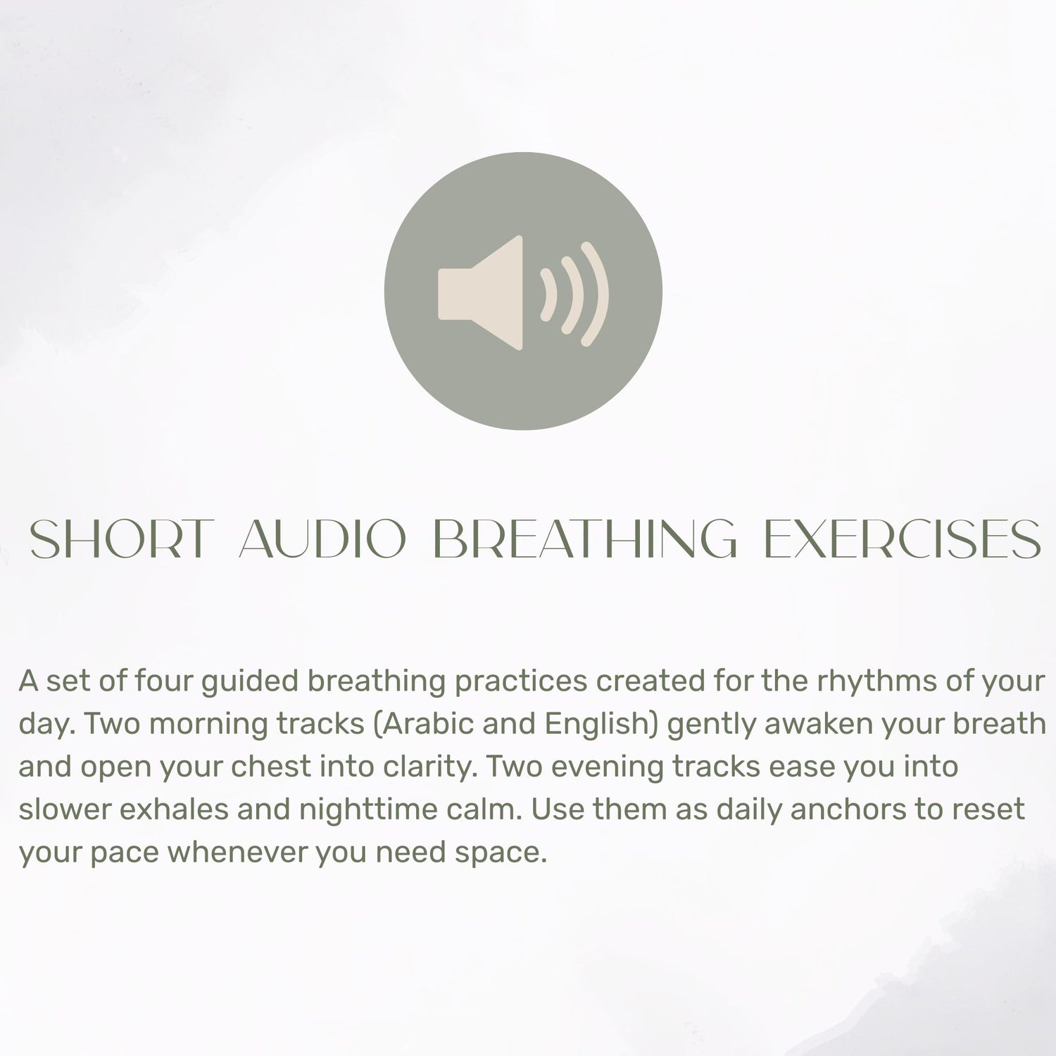 Icon of a speaker representing short audio breathing exercises with descriptive text about the guided breathwork tracks.