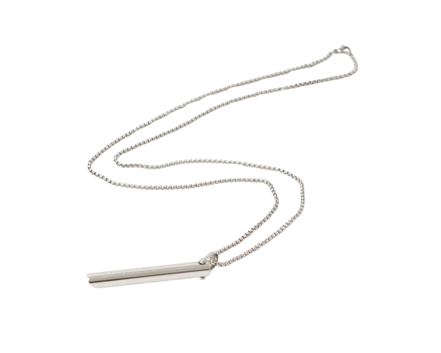 Close-up product shot of the 316L stainless steel Exhale Pendant on a chain with Sensed branding.