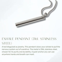 Close-up product shot of the 316L stainless steel Exhale Pendant on a chain with Sensed branding, with description.