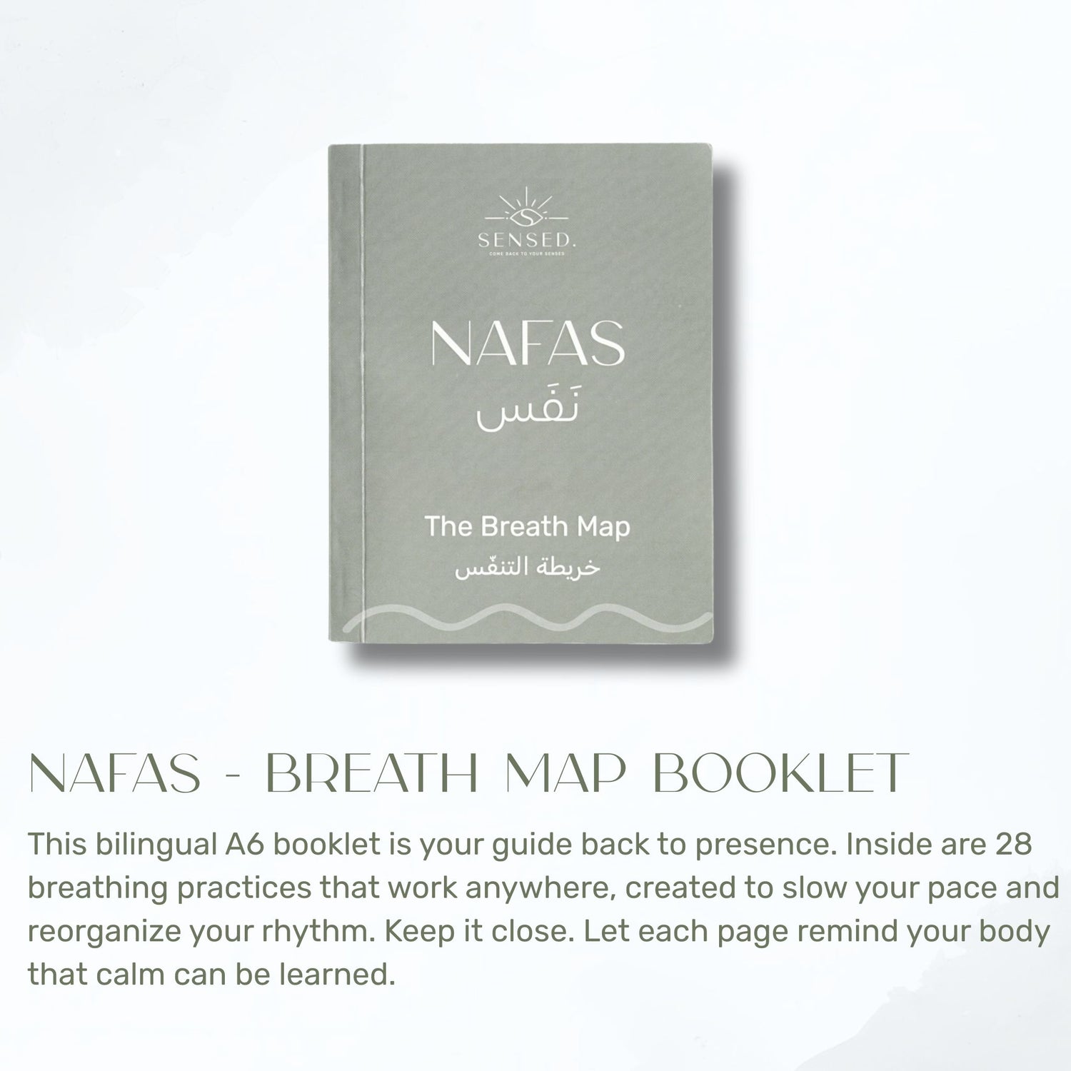 Nafas Breath Map booklet standing upright with soft shadows, featuring bilingual cover text in English and Arabic.
