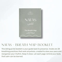 Nafas Breath Map booklet standing upright with soft shadows, featuring bilingual cover text in English and Arabic.