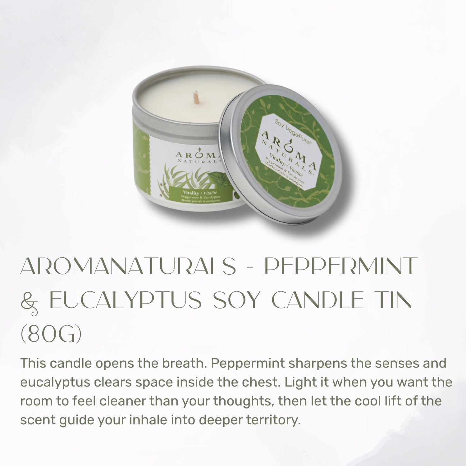 Aromatherapy candle tin with peppermint and eucalyptus scent on a white background, with description