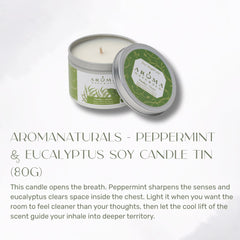 Aromatherapy candle tin with peppermint and eucalyptus scent on a white background, with description