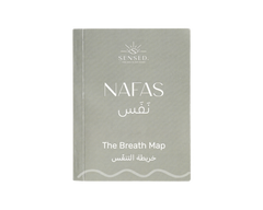 Nafas Breath Map booklet standing upright with soft shadows, featuring bilingual cover text in English and Arabic.